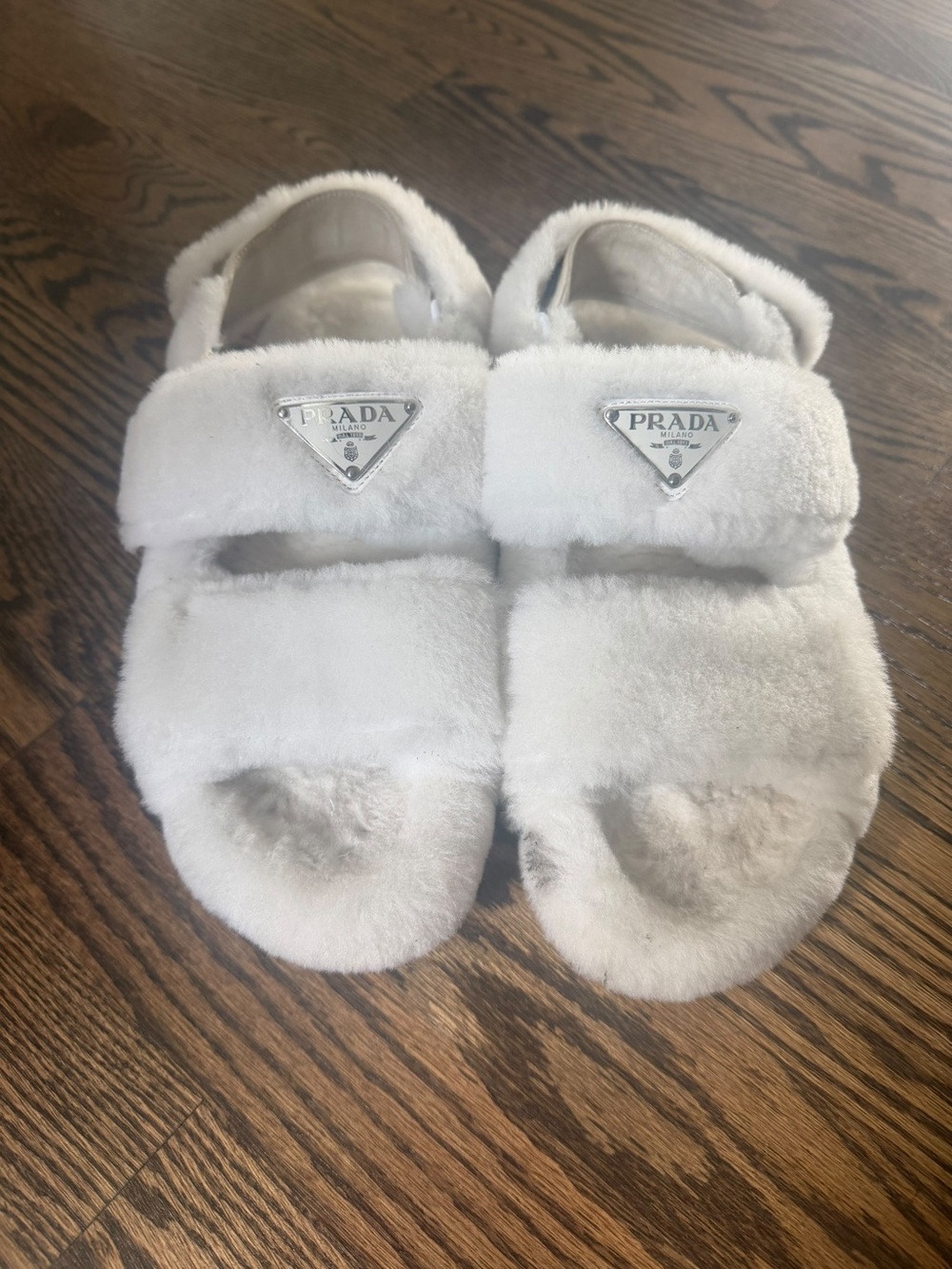 Prada Kids Plush White Shearling Double-Strap Slides